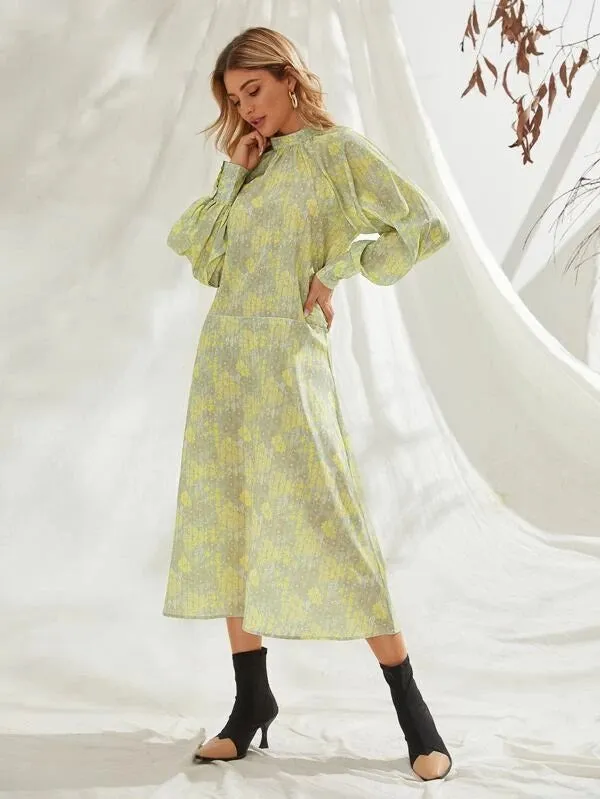 CM-DS107866 Women Elegant Seoul Style Mock Neck Floral Print Raglan Sleeve Dress - Green