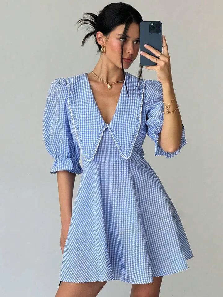 CM-DS108151 Women Casual Seoul Style Gingham Print Statement Collar Mini Dress - Blue