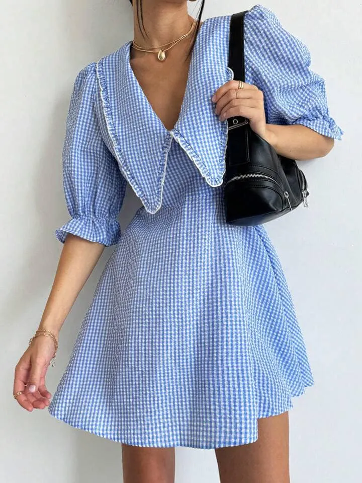 CM-DS108151 Women Casual Seoul Style Gingham Print Statement Collar Mini Dress - Blue
