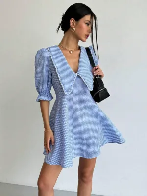 CM-DS108151 Women Casual Seoul Style Gingham Print Statement Collar Mini Dress - Blue