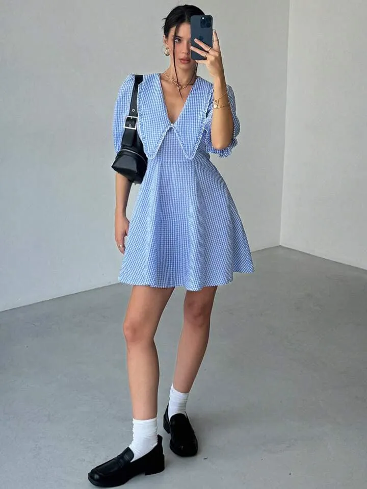 CM-DS108151 Women Casual Seoul Style Gingham Print Statement Collar Mini Dress - Blue