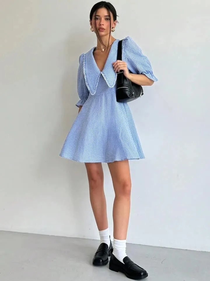CM-DS108151 Women Casual Seoul Style Gingham Print Statement Collar Mini Dress - Blue