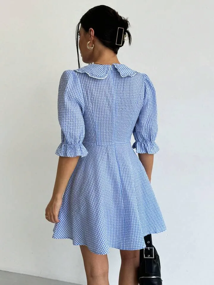 CM-DS108151 Women Casual Seoul Style Gingham Print Statement Collar Mini Dress - Blue