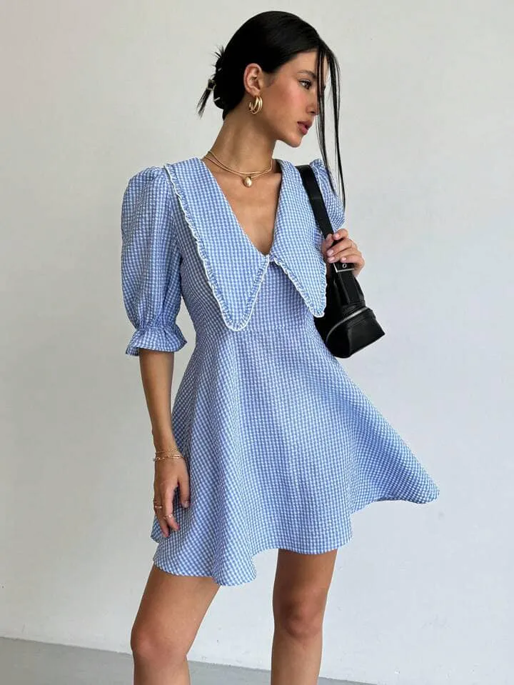 CM-DS108151 Women Casual Seoul Style Gingham Print Statement Collar Mini Dress - Blue