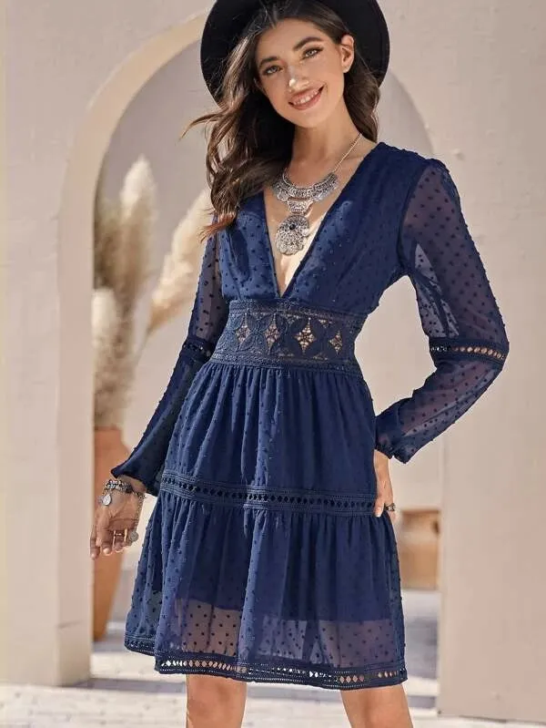 CM-DS112600 Women Elegant Seoul Style Long Sleeve Plunging Neck Lace Swiss Dot Dress - Navy Blue