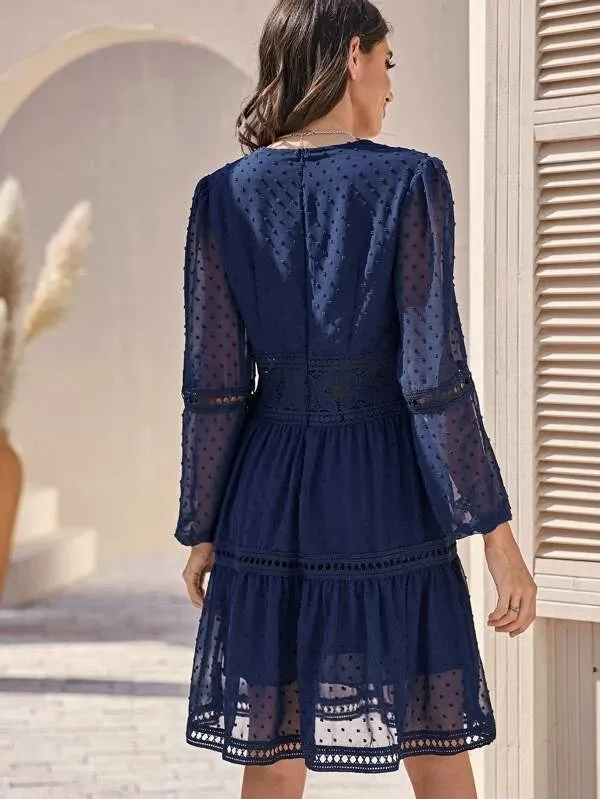 CM-DS112600 Women Elegant Seoul Style Long Sleeve Plunging Neck Lace Swiss Dot Dress - Navy Blue