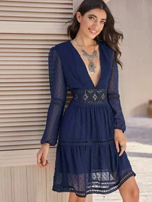 CM-DS112600 Women Elegant Seoul Style Long Sleeve Plunging Neck Lace Swiss Dot Dress - Navy Blue