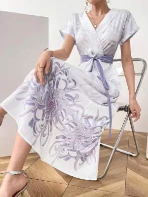 CM-DS121112 Women Casual Seoul Style Floral Print Overlap V-Neck Bat Sleeve Waist Tie Dress