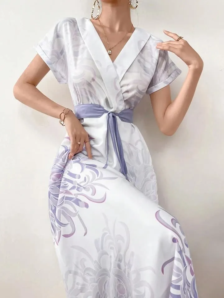 CM-DS121112 Women Casual Seoul Style Floral Print Overlap V-Neck Bat Sleeve Waist Tie Dress