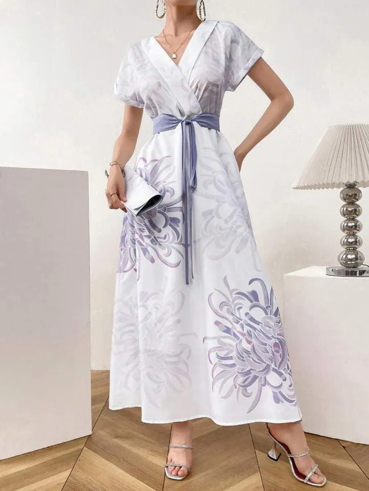 CM-DS121112 Women Casual Seoul Style Floral Print Overlap V-Neck Bat Sleeve Waist Tie Dress