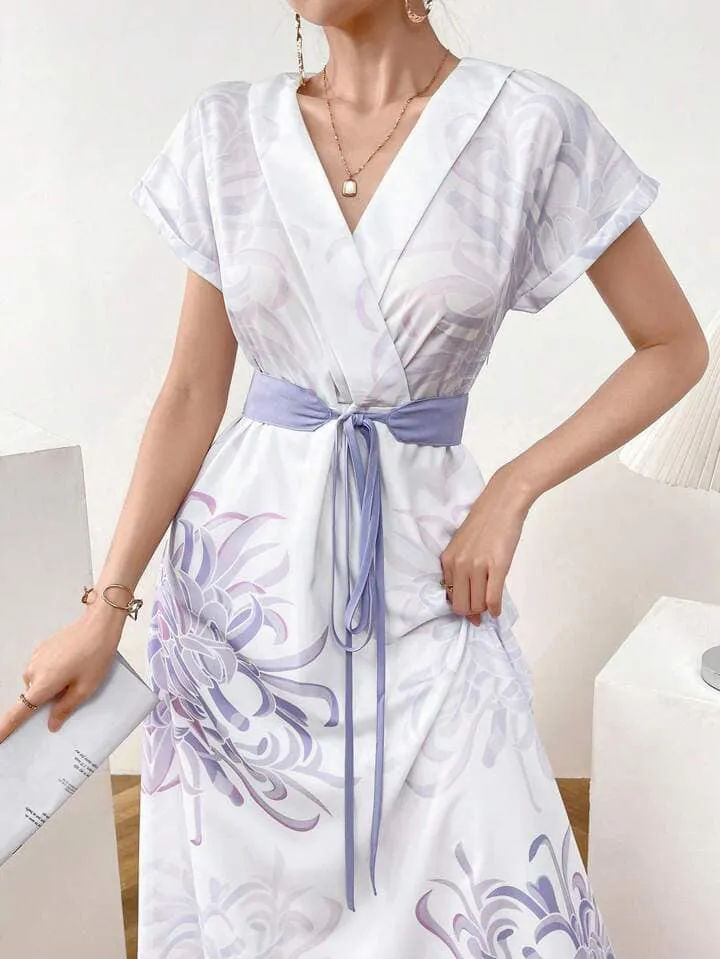 CM-DS121112 Women Casual Seoul Style Floral Print Overlap V-Neck Bat Sleeve Waist Tie Dress