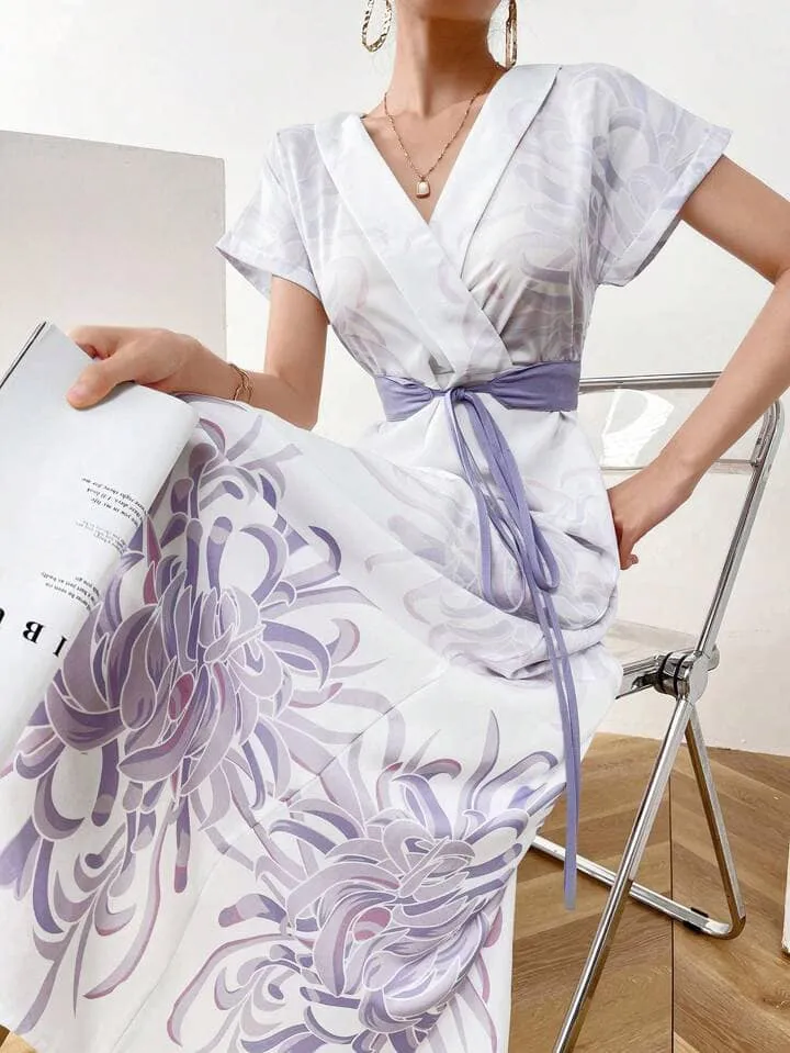 CM-DS121112 Women Casual Seoul Style Floral Print Overlap V-Neck Bat Sleeve Waist Tie Dress