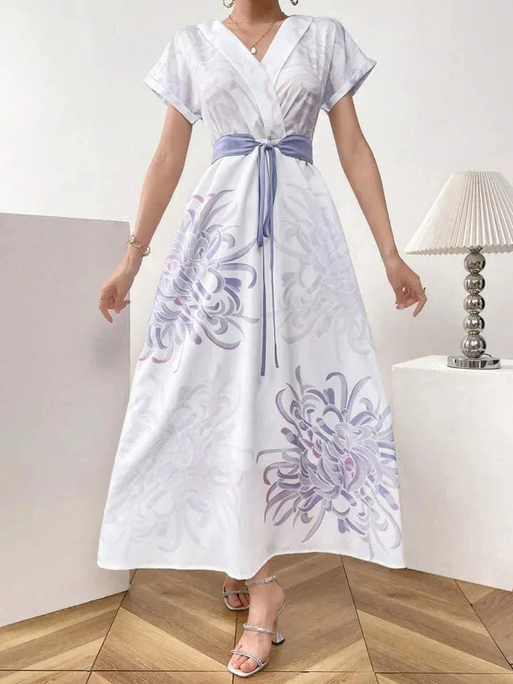 CM-DS121112 Women Casual Seoul Style Floral Print Overlap V-Neck Bat Sleeve Waist Tie Dress