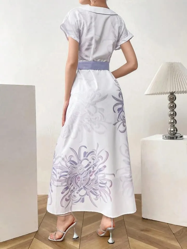 CM-DS121112 Women Casual Seoul Style Floral Print Overlap V-Neck Bat Sleeve Waist Tie Dress