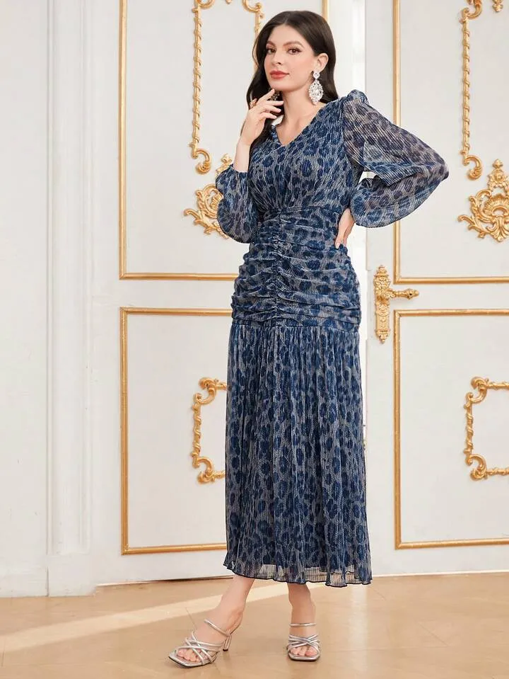 CM-DS161699 Women Elegant Seoul Style V-Neck Print Pleated Ruffle Hem Dress - Navy Blue