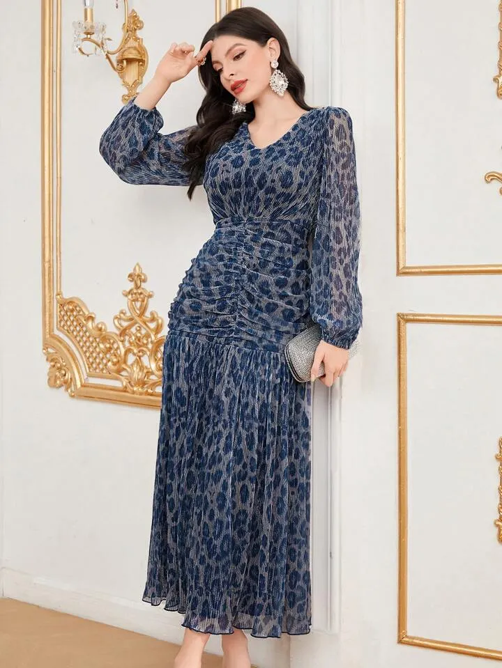 CM-DS161699 Women Elegant Seoul Style V-Neck Print Pleated Ruffle Hem Dress - Navy Blue
