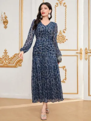 CM-DS161699 Women Elegant Seoul Style V-Neck Print Pleated Ruffle Hem Dress - Navy Blue