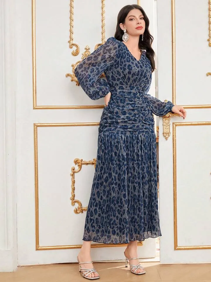CM-DS161699 Women Elegant Seoul Style V-Neck Print Pleated Ruffle Hem Dress - Navy Blue