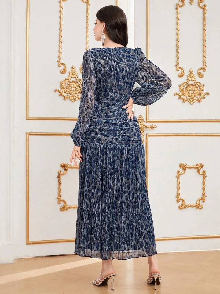 CM-DS161699 Women Elegant Seoul Style V-Neck Print Pleated Ruffle Hem Dress - Navy Blue