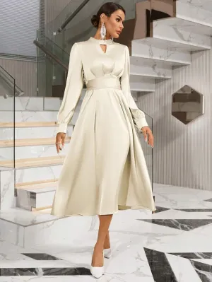 CM-DS175679 Women Elegant Seoul Style Keyhole Neckline Long Sleeve Dress - Beige