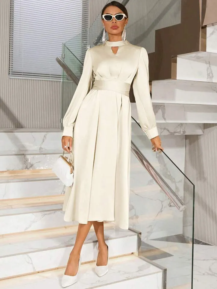 CM-DS175679 Women Elegant Seoul Style Keyhole Neckline Long Sleeve Dress - Beige