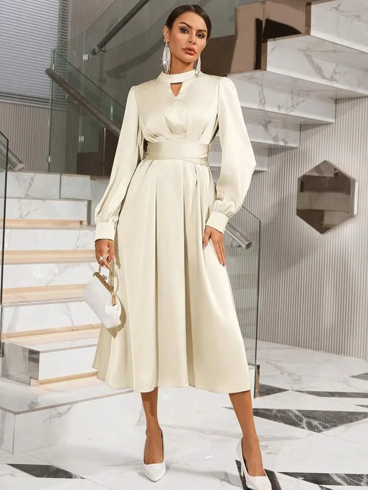 CM-DS175679 Women Elegant Seoul Style Keyhole Neckline Long Sleeve Dress - Beige