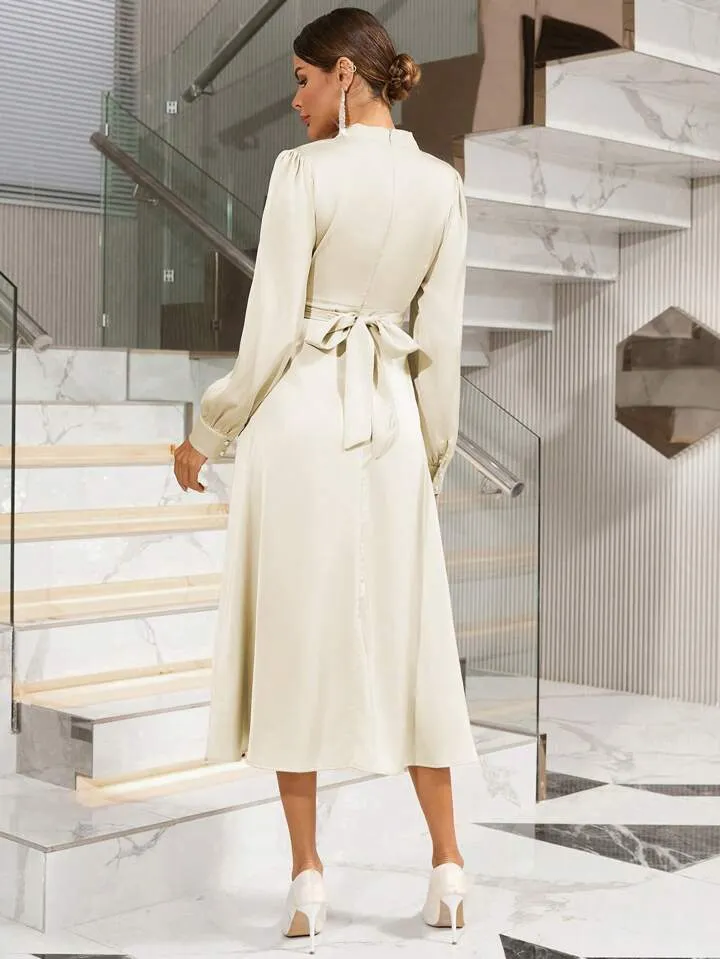 CM-DS175679 Women Elegant Seoul Style Keyhole Neckline Long Sleeve Dress - Beige