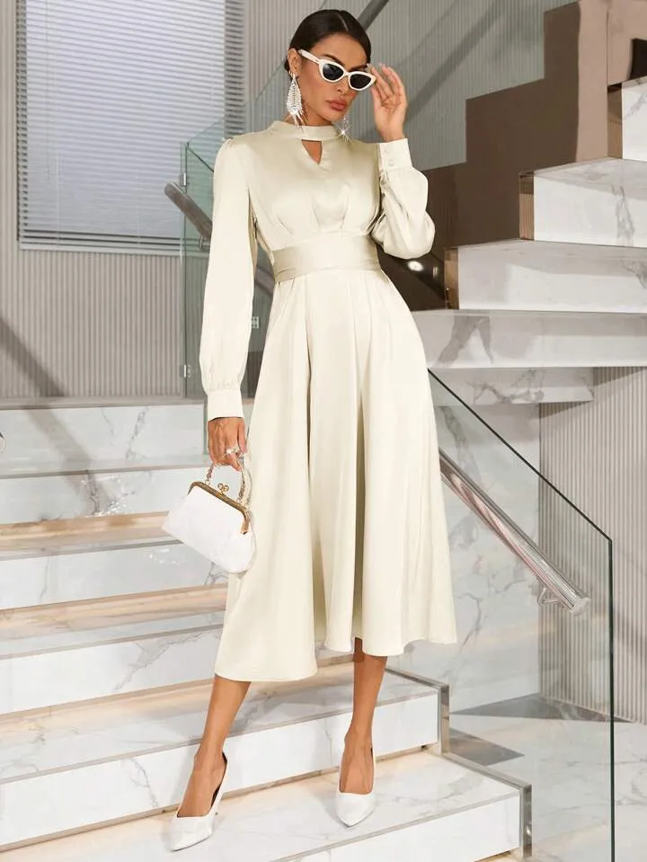 CM-DS175679 Women Elegant Seoul Style Keyhole Neckline Long Sleeve Dress - Beige