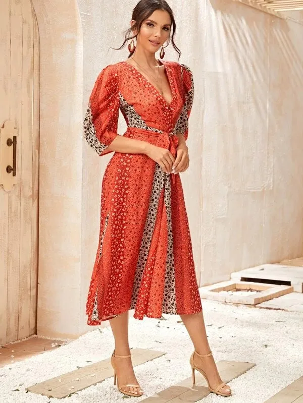 CM-DS207995 Women Elegant Seoul Style Deep V-Neck Ditsy Floral Self Tie Puff Sleeve Dress - Red