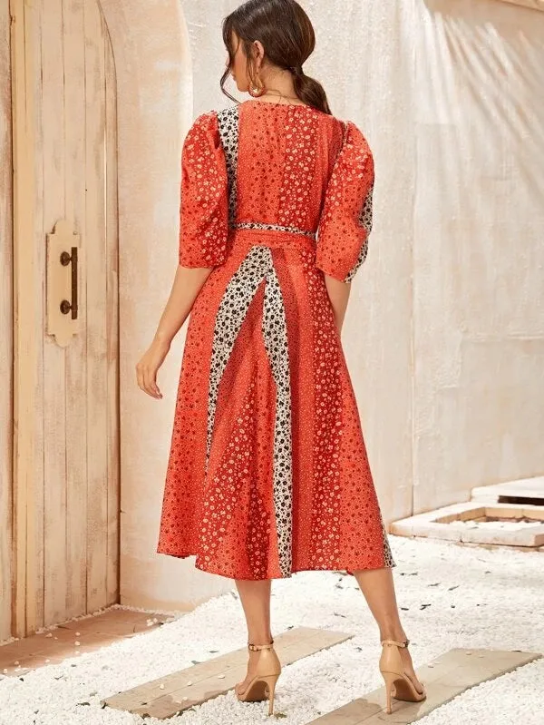 CM-DS207995 Women Elegant Seoul Style Deep V-Neck Ditsy Floral Self Tie Puff Sleeve Dress - Red