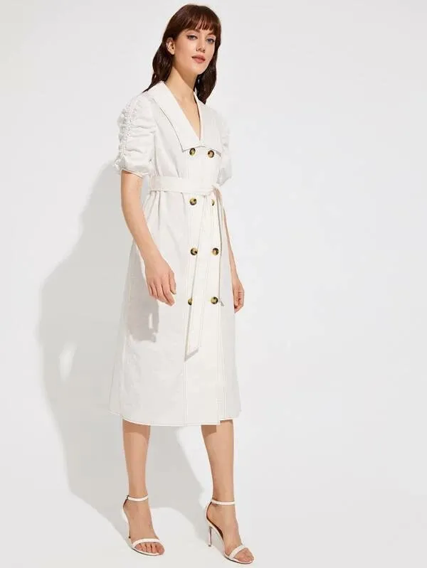 CM-DS221493 Women Elegant Seoul Style Collared Double Breasted Gathered Sleeve Self Belted Dress