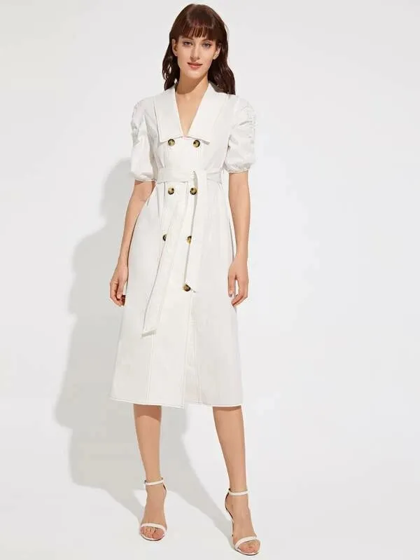CM-DS221493 Women Elegant Seoul Style Collared Double Breasted Gathered Sleeve Self Belted Dress