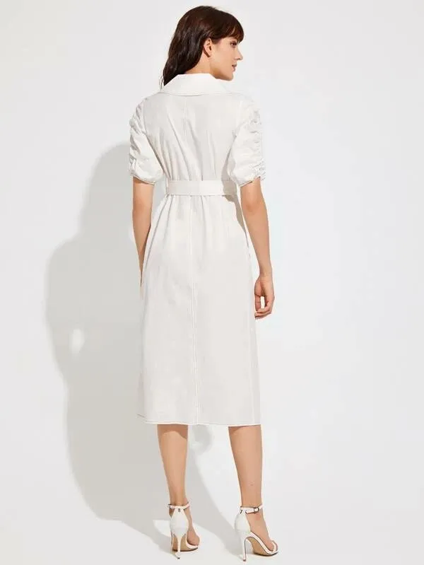 CM-DS221493 Women Elegant Seoul Style Collared Double Breasted Gathered Sleeve Self Belted Dress