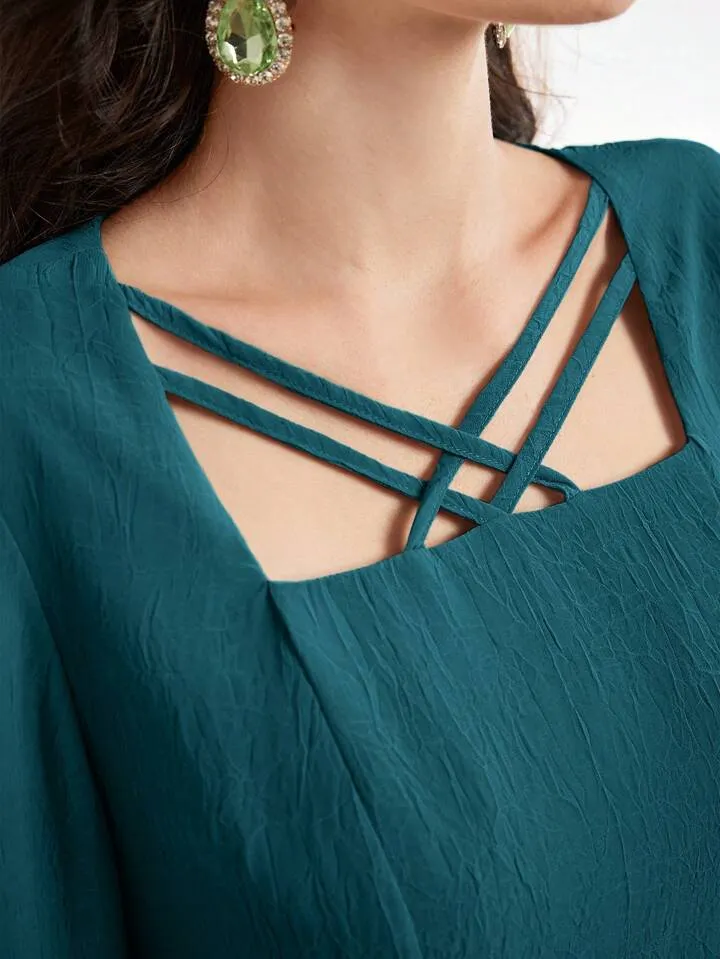 CM-DS223684 Women Elegant Seoul Style Crossed Collar Trumpet Sleeve Maxi Dress - Teal Blue