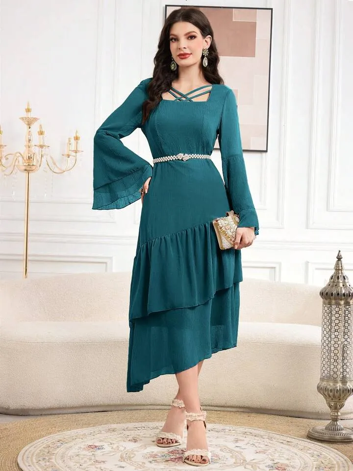CM-DS223684 Women Elegant Seoul Style Crossed Collar Trumpet Sleeve Maxi Dress - Teal Blue
