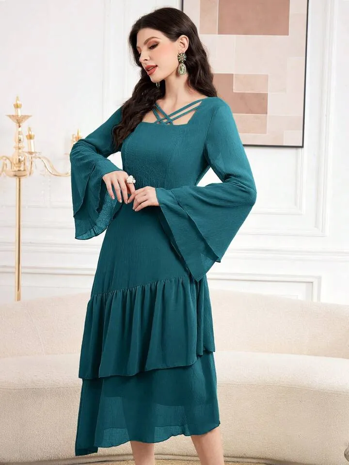 CM-DS223684 Women Elegant Seoul Style Crossed Collar Trumpet Sleeve Maxi Dress - Teal Blue