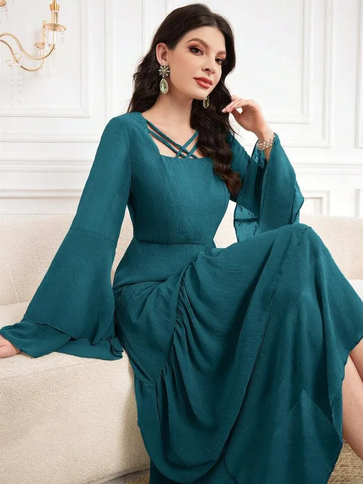 CM-DS223684 Women Elegant Seoul Style Crossed Collar Trumpet Sleeve Maxi Dress - Teal Blue