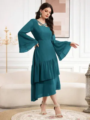 CM-DS223684 Women Elegant Seoul Style Crossed Collar Trumpet Sleeve Maxi Dress - Teal Blue
