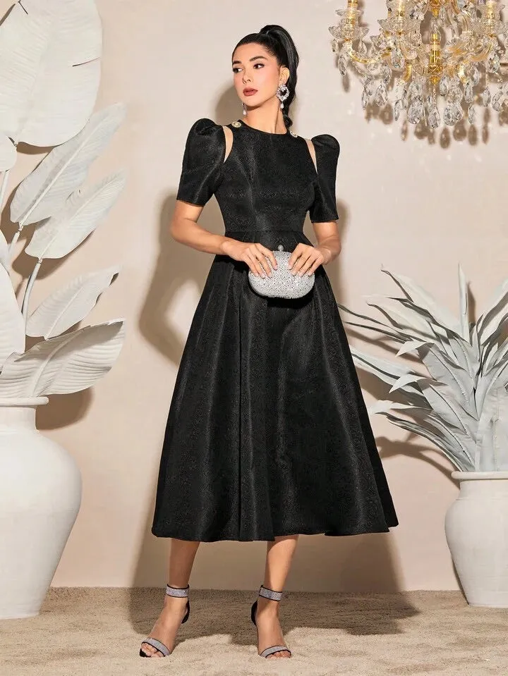 CM-DS225679 Women Elegant Seoul Style Round Neck Solid Puff Sleeve A-Line Dress - Black