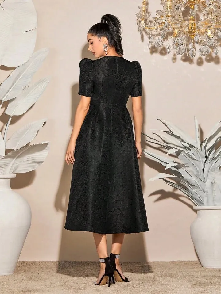 CM-DS225679 Women Elegant Seoul Style Round Neck Solid Puff Sleeve A-Line Dress - Black