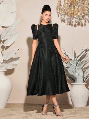 CM-DS225679 Women Elegant Seoul Style Round Neck Solid Puff Sleeve A-Line Dress - Black