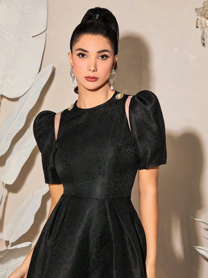 CM-DS225679 Women Elegant Seoul Style Round Neck Solid Puff Sleeve A-Line Dress - Black