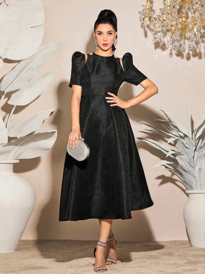 CM-DS225679 Women Elegant Seoul Style Round Neck Solid Puff Sleeve A-Line Dress - Black