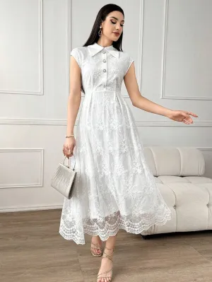 CM-DS299242 Women Elegant Seoul Style Collar Neckline Button Front Short Sleeve Lace A-Line Dress - White