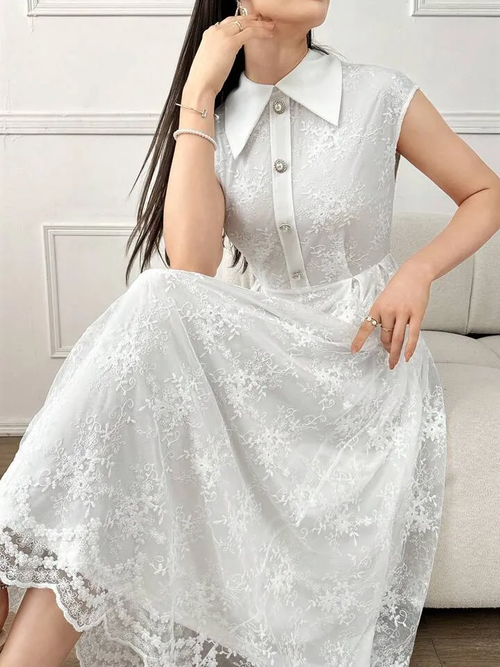 CM-DS299242 Women Elegant Seoul Style Collar Neckline Button Front Short Sleeve Lace A-Line Dress - White