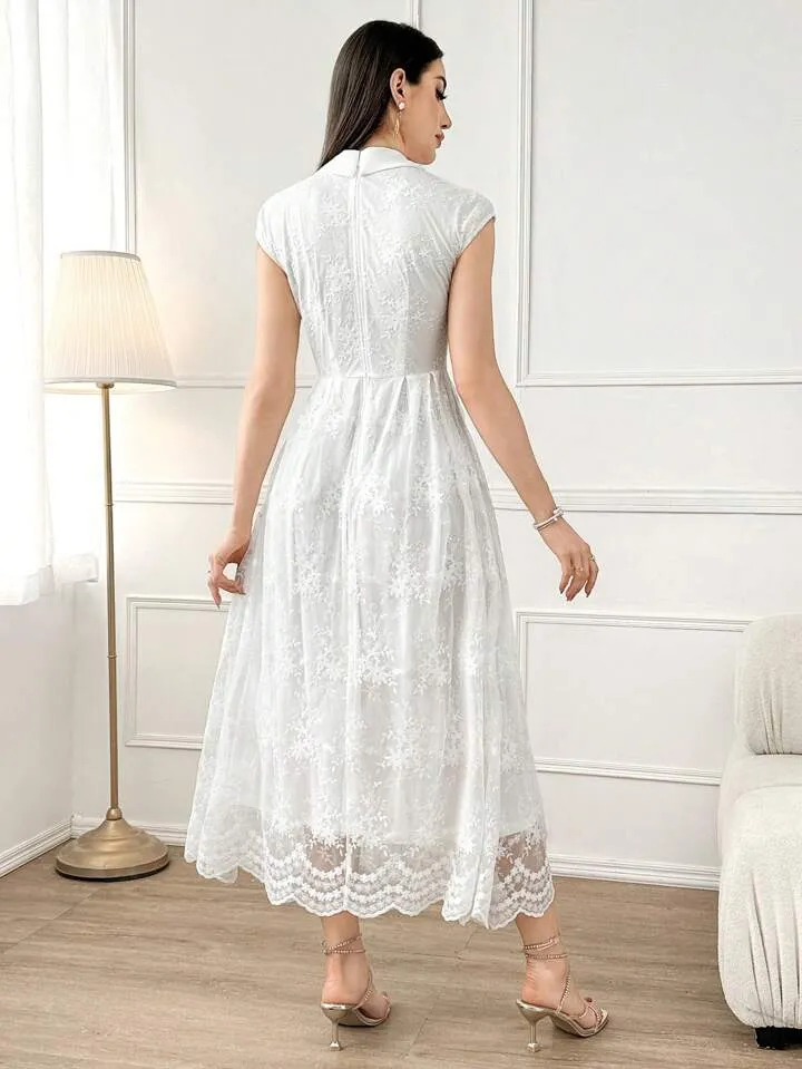 CM-DS299242 Women Elegant Seoul Style Collar Neckline Button Front Short Sleeve Lace A-Line Dress - White