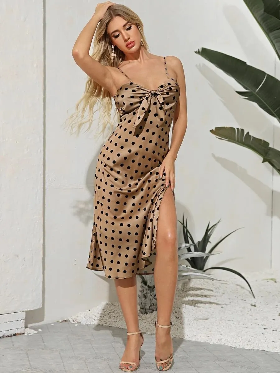 CM-DS302928 Women Elegant European Style Sleeveless Polka Dot Tie Front Split Thigh Cami Dress - Khaki