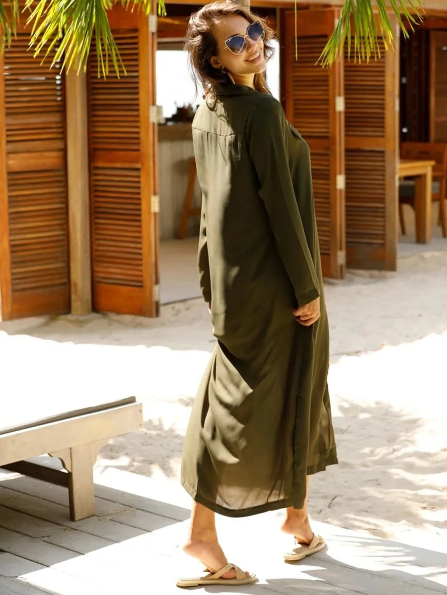 CM-DS304526 Women Casual Seoul Style Long Sleeve Split Side Button Up Shirt Dress - Army Green