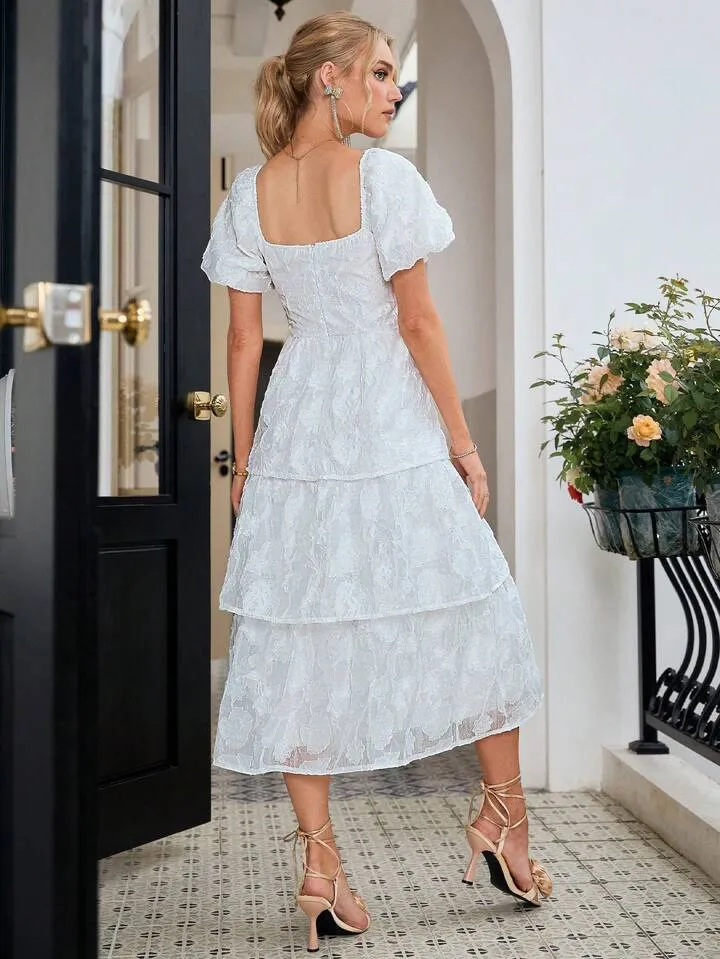 CM-DS311651 Women Elegant Seoul Style Sweetheart Neckline Short Sleeve Layered Floral Cutout Maxi Dress