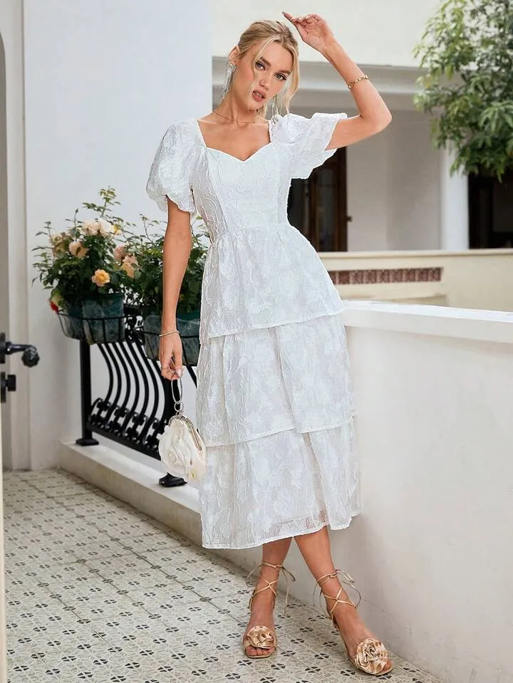 CM-DS311651 Women Elegant Seoul Style Sweetheart Neckline Short Sleeve Layered Floral Cutout Maxi Dress